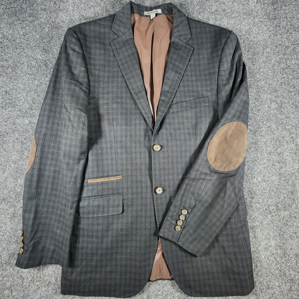 Johnston & Murphy Blazer Mens S Grey Plaid Brown Elbow Patches Sport Coat - Picture 2 of 14